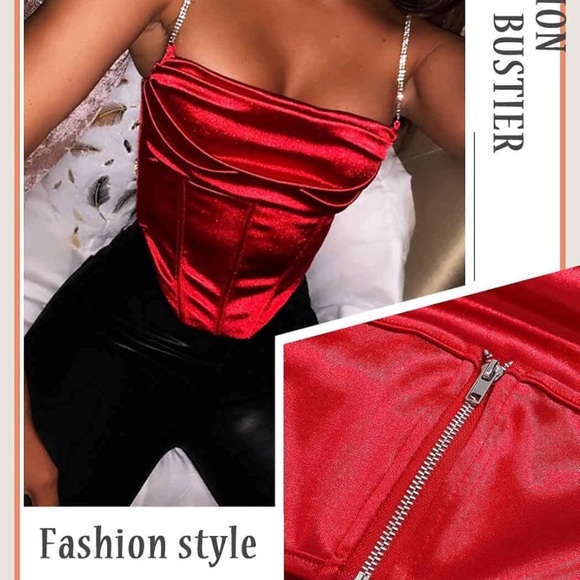 Red satin corset top with rhinestone straps - Picture 3 of 5